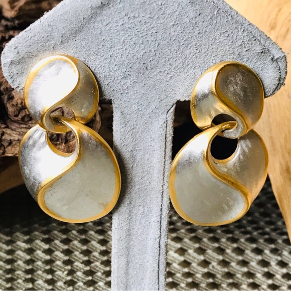 Vintage SIGNED P.E. MCM Costume Gold & Silver Tone Geometric Shape Drop Earrings - Picture 3 of 10